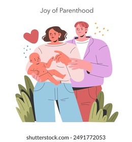 Joy of Parenthood concept. Happy couple holding a newborn, expressing love and family bonding. Affectionate parents with their baby. Vector illustration.