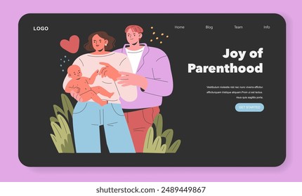 Joy of Parenthood concept. A heartwarming illustration featuring a couple holding their newborn baby with affection. Embracing life with a child. Vector illustration.