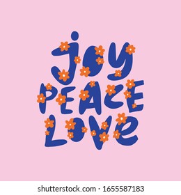 Joy Peace Love calligraphy phrase. Hand drawn design elements. Unique handwritten lettering. Vector EPS clip art design