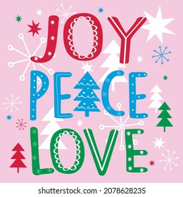 Joy Peace Love text cute bright greeting vector print icon deisgn, red blue green, wallpaper, fashion print, textile pattern, scrapbooking, invitation, christmas card, decoration, festive, tradition