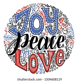 Joy Peace Love. Vector Hand Written Christmas Greeting Card.  Holiday Invitation With Hand Lettering And Floral Wreath