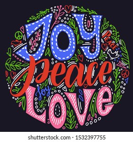 Joy Peace Love. Vector Hand Written Christmas Greeting Card.  Holiday Invitation With Hand Lettering And Floral Wreath. Bright Letters On A Black Background.