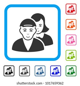 Joy People Pair vector icon. Human face has cheerful emotion. Black, grey, green, blue, red, pink color additional versions of people pair symbol in a rounded square. A man with a cap.
