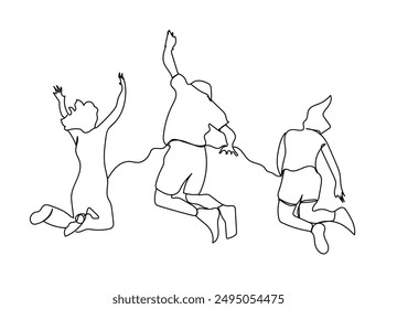 Joy, pleasure, success and victory concept in business company. Young people jumping continuous line drawing. Vector illustration minimalist design hand drawn.