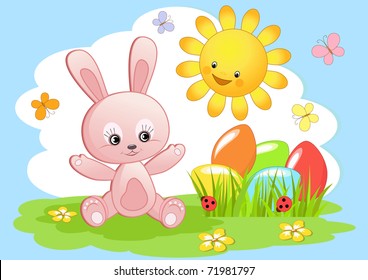 Joy rabbit. Easter card. Vector illustration.