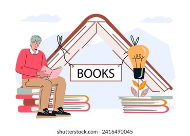 Alegría de la lectura y el mundo de la literatura banner o concepto de afiche para librería o biblioteca, feria de libros y tienda o aplicación en línea, ilustración vectorial plana aislada en un fondo blanco.