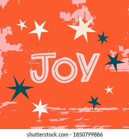 Joy red Christmas greeting card. Winter holiday greeting. Trendy vintage hand-drawn poster for print. Minimalistic vector greeting card with the bold festive hand-drawn greeting text.