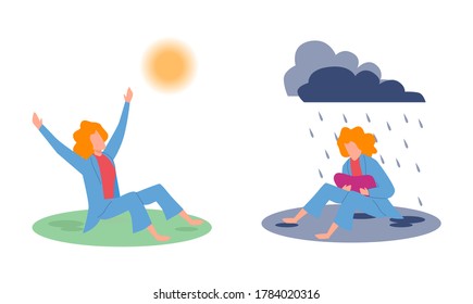 Joy and sadness. Sad woman under raining clouds and happy woman under sun, negative and positive emotions before and after psychotherapy, good or bad feeling, cartoon flat vector isolated illustration