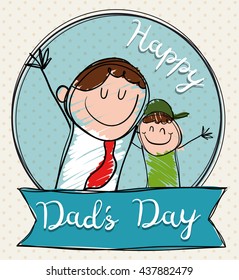 Joy scene of happy dad and son celebrating Father's Day in doodle style.