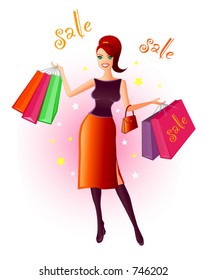 Joy Of Shopping - Vector illustration of a very happy, young woman with shopping bags in her hands after a bargain sale. Colours and words can be changed and edited easily in this vector file.