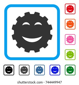 Joy Smiley Gear icon. Flat gray iconic symbol inside a blue rounded rectangle. Black, gray, green, blue, red, orange color additional versions of Joy Smiley Gear vector.