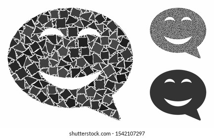 Joy smiley message composition of abrupt pieces in various sizes and color hues, based on joy smiley message icon. Vector abrupt elements are united into composition.