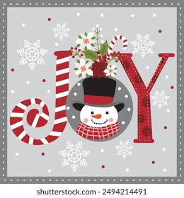 Joy With Snowman Character For Christmas Card or Bag design