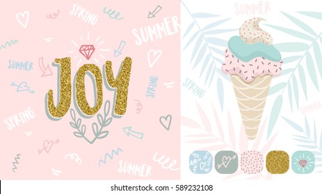 Joy Spring, Summer poster, banner in trendy 80s-90s Memphis style. Vector illustration with lettering and colorful background design for poster, card, invitation. Easy editable for Your design.