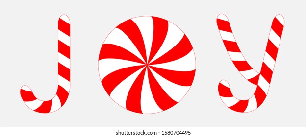 Joy text lettering banner. Candy Cane Merry Christmas xmas decoration. Red white peppermint stick and circle. Flat design. Isolated. White background. Vector illustration