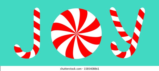 Joy text lettering banner. Candy Cane Merry Christmas xmas decoration. Red white peppermint stick and circle. Flat design. Blue background. Isolated. Vector illustration