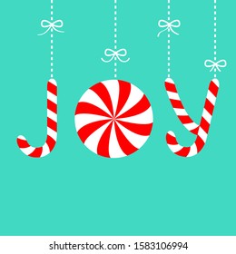 Joy text lettering hanhing on dash line with bow. Candy Cane Merry Christmas xmas decoration. Red white peppermint stick and circle set. Flat design. Blue background. Isolated. Vector illustration