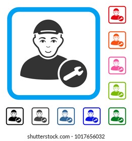 Joy User Setup Wrench vector icon. Human face has glad feeling. Black, grey, green, blue, red, pink color variants of user setup wrench symbol in a rounded rectangular frame.