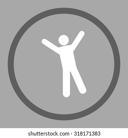 Joy vector icon. This rounded flat symbol is drawn with dark gray and white colors on a silver background.