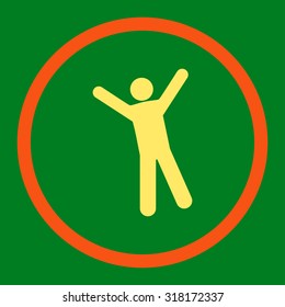 Joy vector icon. This rounded flat symbol is drawn with orange and yellow colors on a green background.