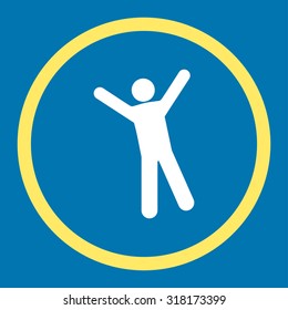 Joy vector icon. This rounded flat symbol is drawn with yellow and white colors on a blue background.