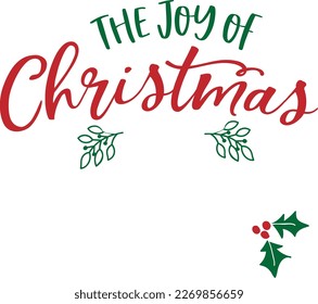 The joy of wh and colors, Christmas quote handwritten on black background decorated with red santa hat and mittens. Winter holidays greeting, calligraphy inscription.