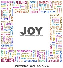 JOY. Word collage on white background. Illustration with different association terms.