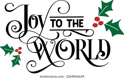 Joy to the world 2, Christmas quote handwritten on black background decorated with red santa hat and mittens. Winter holidays greeting, calligraphy inscription.