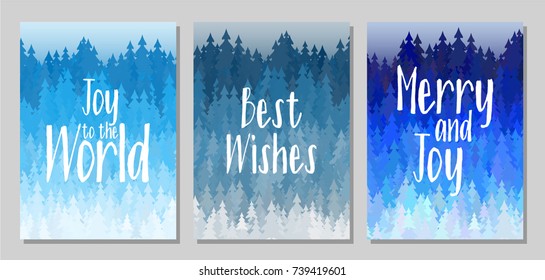 Joy to the World, Best Wishes, Merry and Joy Christmas cards.Winter forest with blue christmas trees landscape. Winter scene background with fir trees, spruces. Greeting card templates vector design.