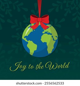 Joy to the World, Christmas Globe with red bow, hanging Planet Earth Bauble vector greeting card