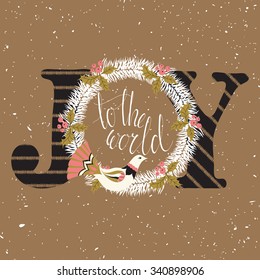 Joy to the world. Christmas inspirational quote. Ink hand lettering & decoration elements on gold textured background. Vector Typographical Backdrop. Postcard, poster, flyer, textile & t-shirt design.