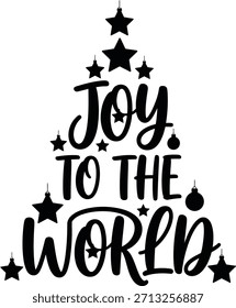 Joy To The World Christmas tree vector typography featuring stars for holiday greeting cards.