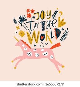 Joy to the world hand drawn vector lettering. Positive hand lettered quote slogan lyrics. Scandinavian style modern typography. Motivational and inspirational phrase. Summer poster, greeting card