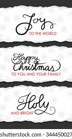  joy to the world happy Christmas holy and bright on torn paper vector seasonal label set  in English