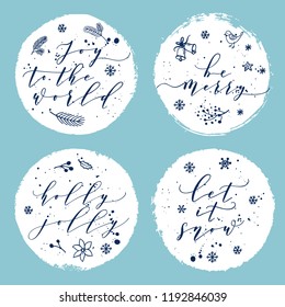 Joy to the world, Holly Jolly, Be Merry, Let it snow typography label, posters, greeting cards set on white. Vector holiday background