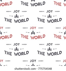 Joy the world lettering seamless pattern design. Holiday typography background for xmas cards, invitations, t shirts. Chritmas retro colors palette. Stock xmas vector isolated on white.