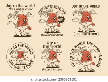 Joy to the world the Lord is come. Mascot character illustration of walking Christmas hat