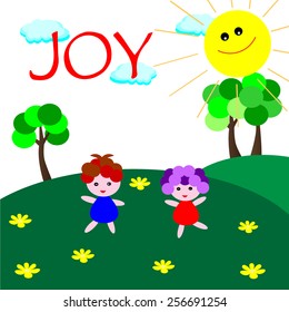 Joy-Cute girls jumping in the field with JOY word