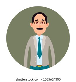 Joyed businessman isolated on white icon. Smiling mustached male character in glasses and business suit tie half-length portrait flat vector. Happy clerk cartoon illustration in circle for user avatar