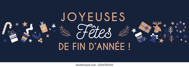 Joyeuses fêtes de fin d'année - Bannière festive pour les fêtes de Noël - Vœux pour la nouvelle année - Éléments décoratifs vectoriels pour les fêtes - Flocons et étoiles, motifs de fêtes de Noël 