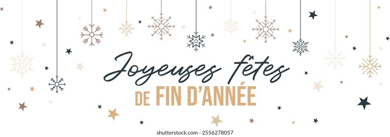 Joyeuses fêtes de fin d'année - Flocons de neige et vœux - Bannière vectorielle éditable pour les fêtes de Noël ou le 31 décembre - Vacances d'hiver - Fond blanc, typographie et flocons 