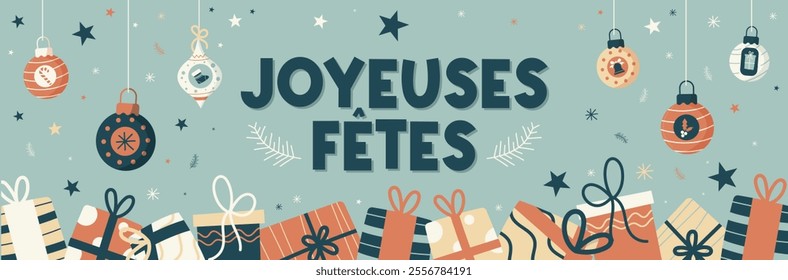 Joyeuses fêtes - Bannière illustrée pour Noël et les fêtes de fin d'année - Boules de Noël, cadeaux de Noël de différentes formes et motifs. Étoiles et flocons. Illustration vectorielle éditable 