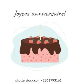 Tarjeta de felicitación de cumpleaños Joyeux. Cubierta de cupcake ilustración vectorial de estilo sencillo