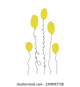 Joyeux Anniversaire continuous line lettering. Happy Birthday greeting phrase in French. Yellow balloons string in shape of congratulation quote. Anniversary postcard vector hand drawn design element