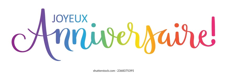 ¡JOYEUX ANIVERSAIRE! (FELIZ CUMPLEAÑOS! en francés) pancarta con letras de pincel vectorial de color arcoiris sobre fondo blanco