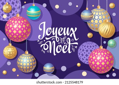 Joyeux Noël Color trend greeting card in French Noel. Christmas banner. Background Xmas design. French Christmas. Joyeux Noel. Realistic gold ball on winter holiday poster. Horizontal christmas poster