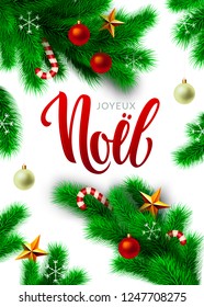 Joyeux Noel background. French Merry Christmas text and decorated Christmas tree frame isolated on white. Xmas holiday, poster, greeting card, banner. Vector illustration. EPS 10