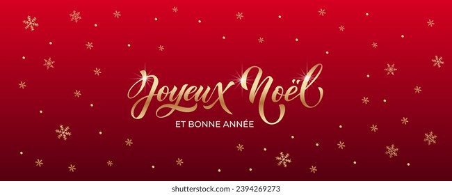 Joyeux noel and Bonee Annee. Merry Christmas card template with greetings in French. Hand drawn lettering. Premium vector illustration with typographic text for Merry Christmas card design