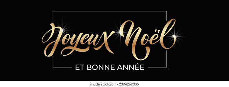 Joyeux noel and Bonee Annee. Merry Christmas card template with greetings in French. Hand drawn lettering. Premium vector illustration with typographic text for Merry Christmas card design