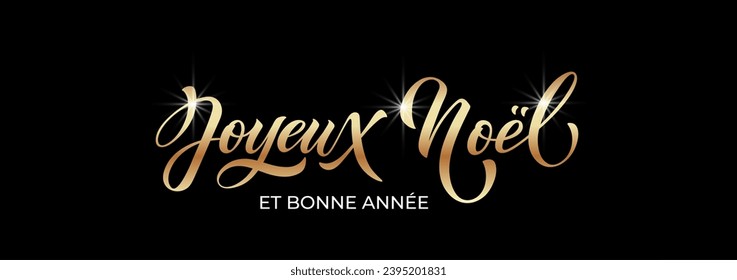 Joyeux noel and Bonee Annee. Merry Christmas card template with greetings in French. Hand drawn lettering. Premium vector illustration with typographic text for Merry Christmas card design